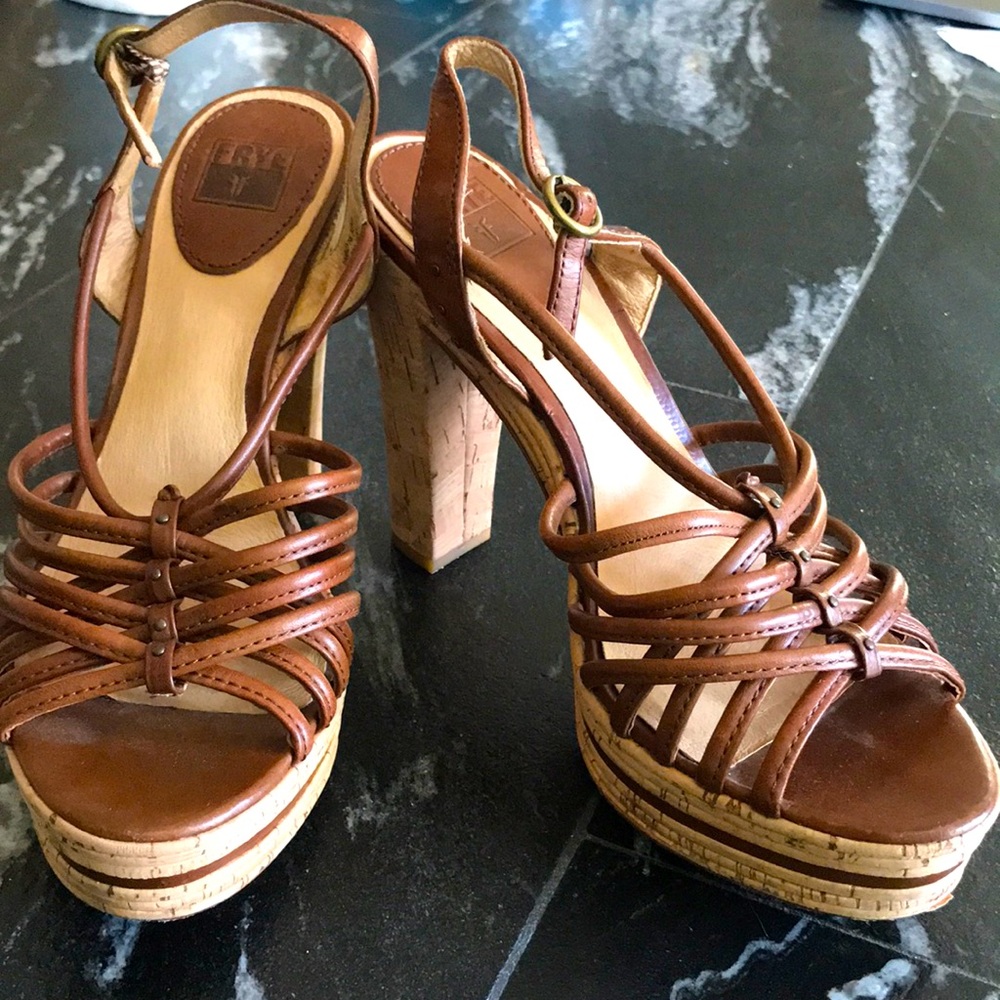 Brown leather cork heels